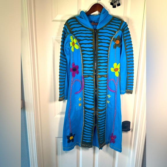 Nepal Hippie Embroidered Tunic Long Zip up Hoodie Natural Womens Size Small - Picture 1 of 7